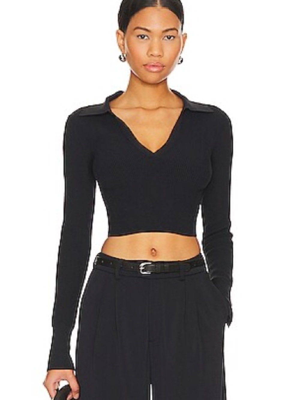 Cuts Clothing Black Cropped Ribbed V-Neck Long Sleeve Top